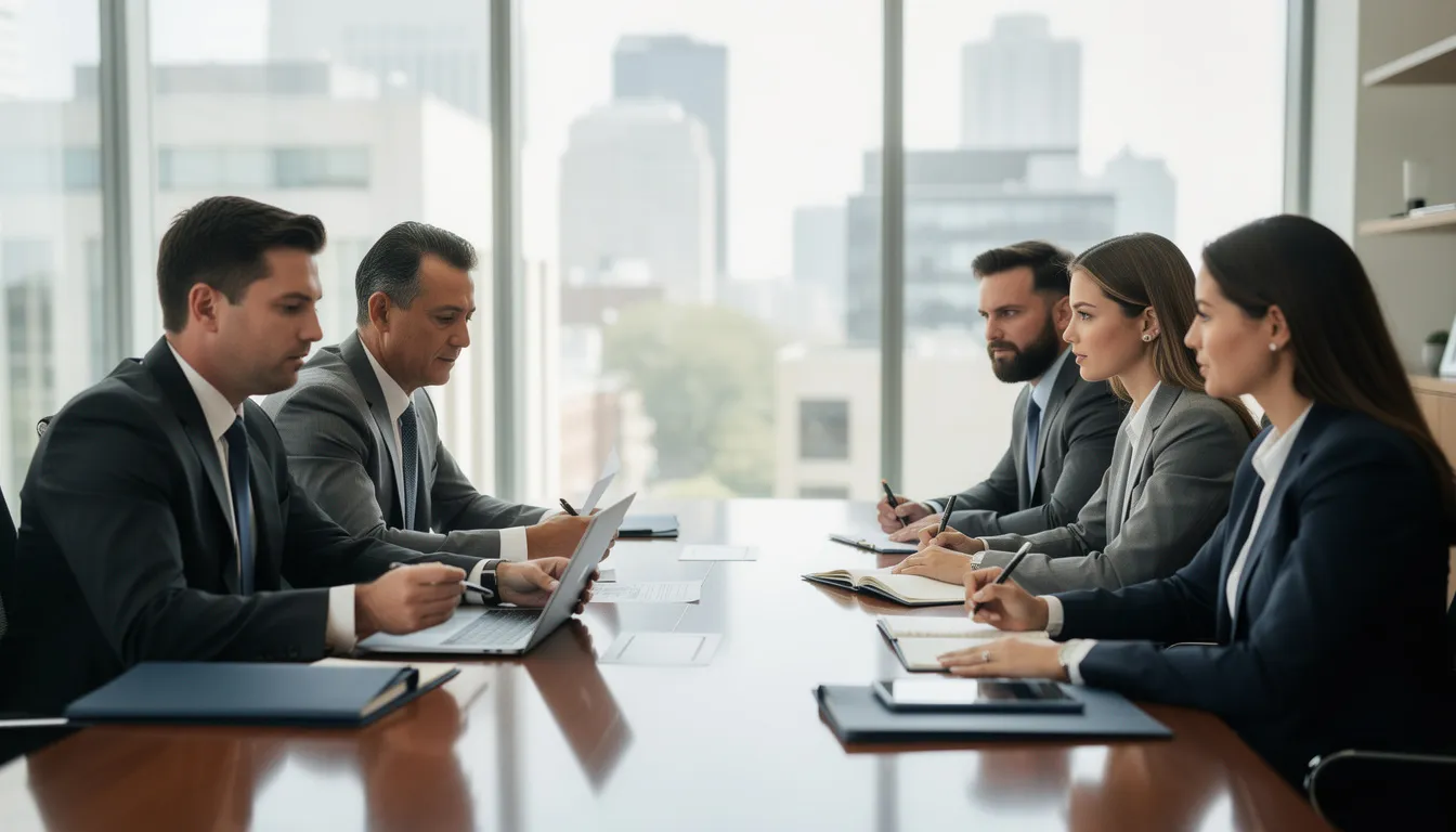 The image depicts a professional meeting in a conference room, where attorneys are discussing medical malpractice cases with their clients. The atmosphere is serious and focused, emphasizing the importance of legal representation in navigating medical negligence and securing financial compensation for victims.