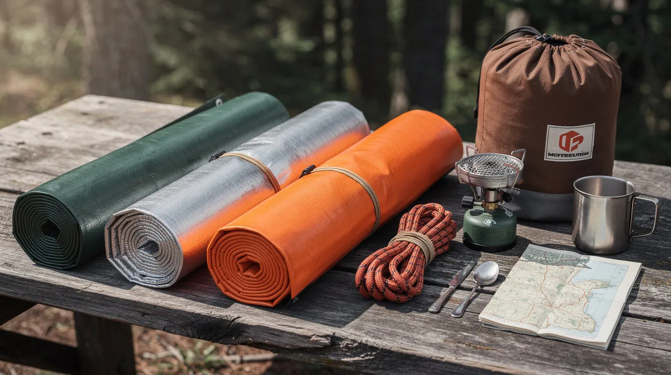 The image features rolled tarps in various colors including green, silver, orange, and brown, placed alongside camping gear. These heavy duty waterproof tarps are ideal for protecting equipment from moisture and the damaging effects of weather conditions.