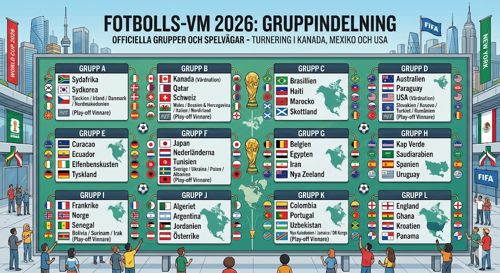 Gruppindelning i Fotbolls VM 2026 med alla grupper och lag i världsmästerskapet i fotboll i USA Kanada och Mexiko