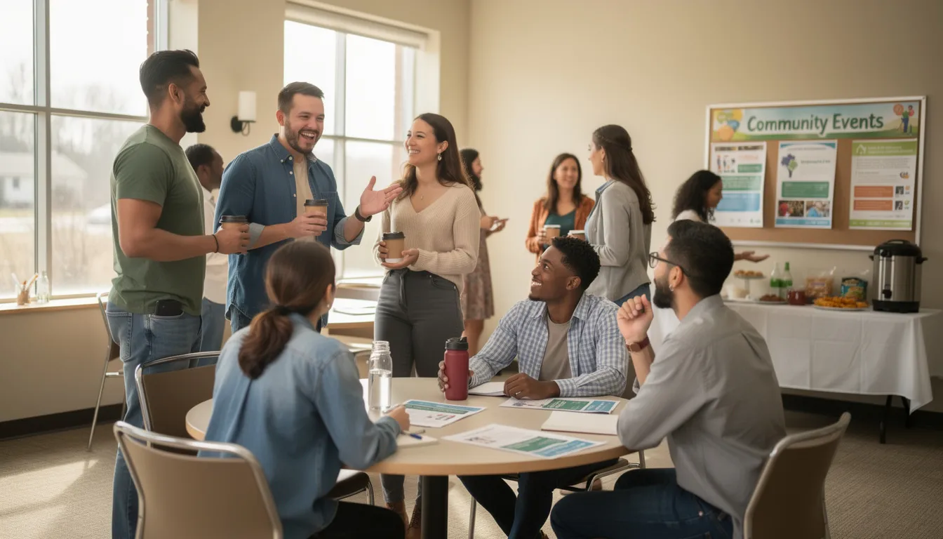 The image depicts a vibrant community gathering in a bright common room, where co-op members engage in lively conversations, showcasing active participation and democratic control within their organization. This setting reflects the cooperative ethos, emphasizing the importance of collaboration and shared resources among individuals involved in worker and consumer co-ops.