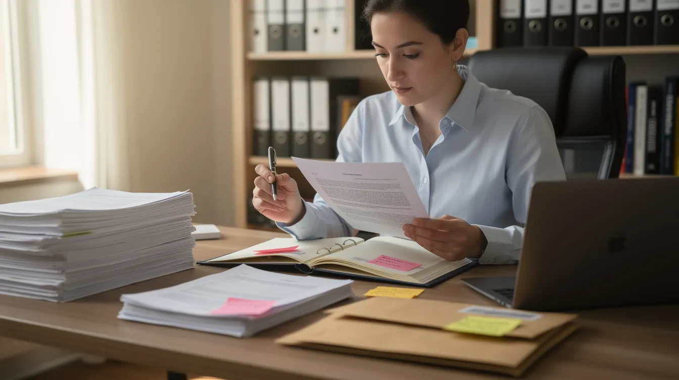 06ca82d8 57fd 40d5 9367 383d706b2333 A person is sitting at a table, meticulously reviewing and organizing various documents, likely related to their financial needs. This scene may represent an individual preparing to apply for a Mudra loan or other business loans, emphasizing the importance of having a satisfactory credit track record and a solid business plan for financial assistance.
