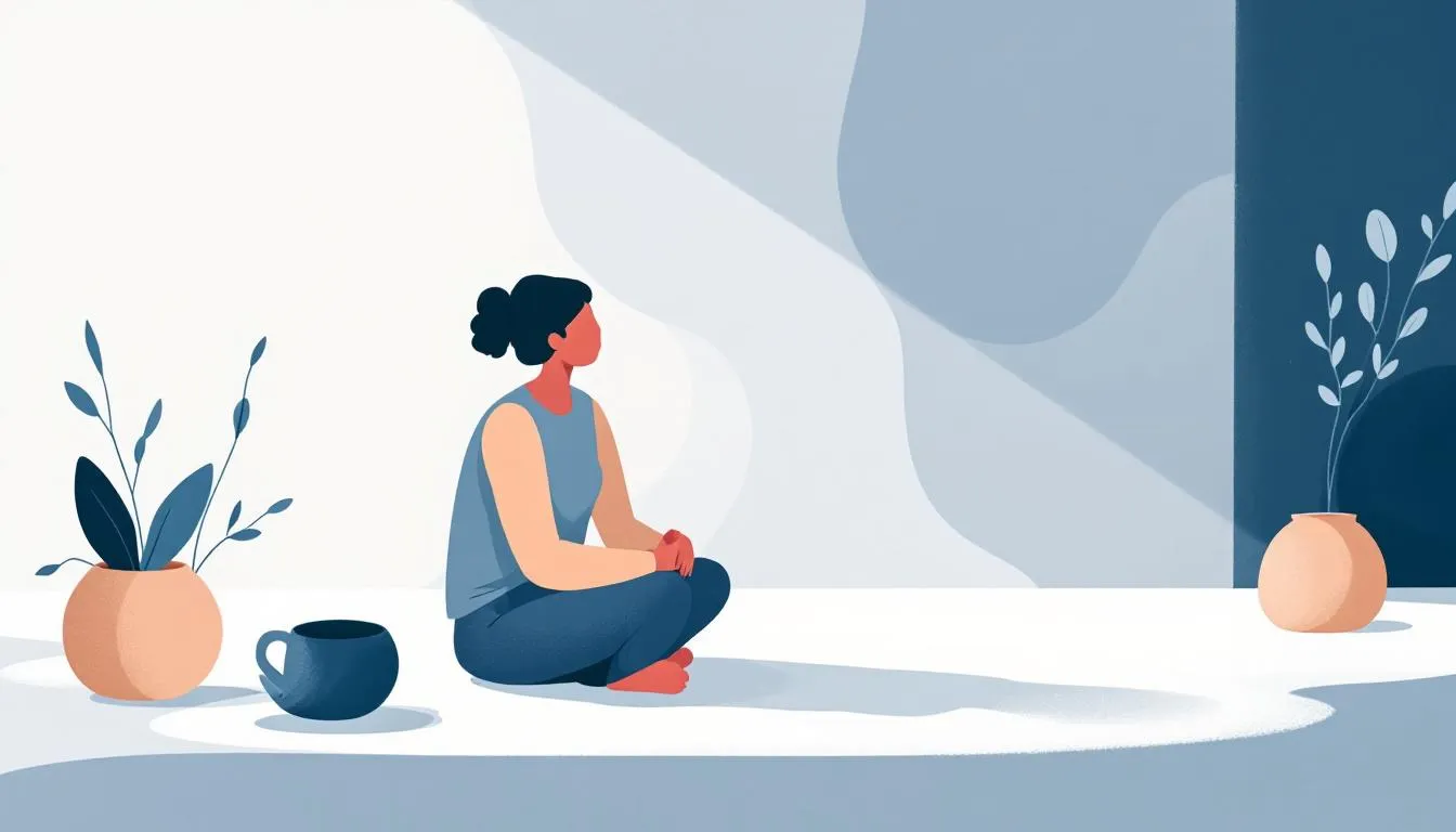 The image features a serene, minimalist setting that evokes a sense of calm and emotional support, with soft colors reflecting the brand's palette. It symbolizes genuine human connection, emphasizing the importance of conversation and companionship for those feeling lonely or struggling with mental health challenges.