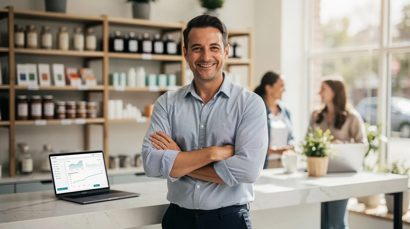 The image depicts a confident small business owner standing proudly in their workspace, symbolizing success after securing business funding. Their expression reflects determination and gratitude for the tailored financing solutions that will enhance their operations and support their clients.