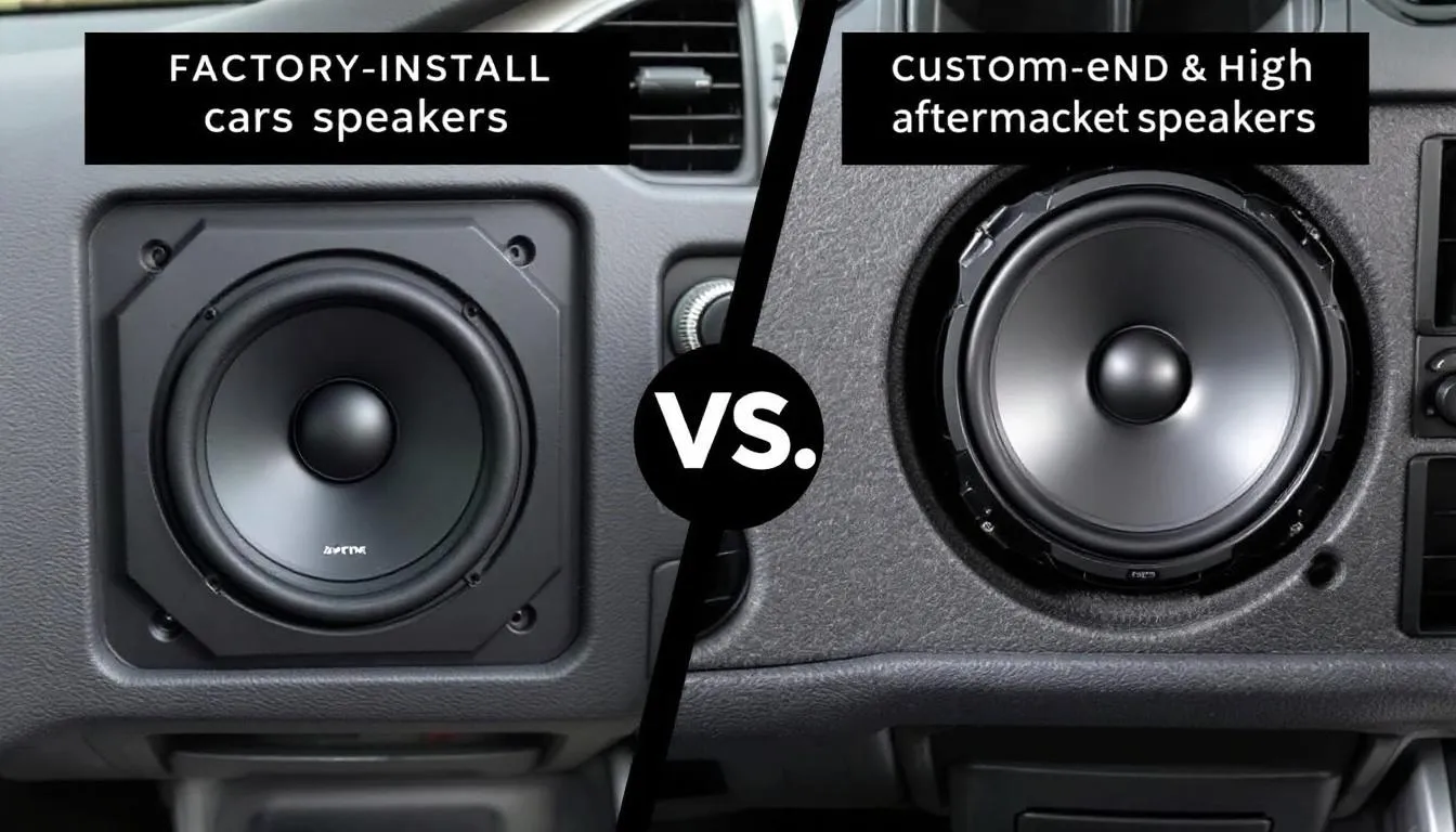 The image shows a side-by-side comparison of factory speakers and high-end aftermarket speakers, highlighting the differences in design and size. This visual emphasizes the potential upgrade in sound quality and performance that customers can achieve by investing in premium car audio systems.