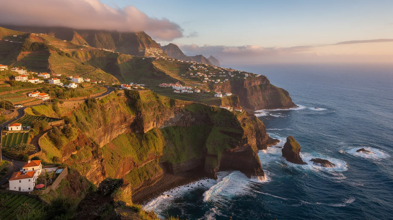 A imagem retrata a deslumbrante Ilha da Madeira, com suas montanhas verdes e o Oceano Atlântico ao fundo. Destacam-se as piscinas naturais e a vegetação exuberante, simbolizando o patrimônio natural da humanidade e um destino ideal para quem busca experiências únicas em meio à natureza.