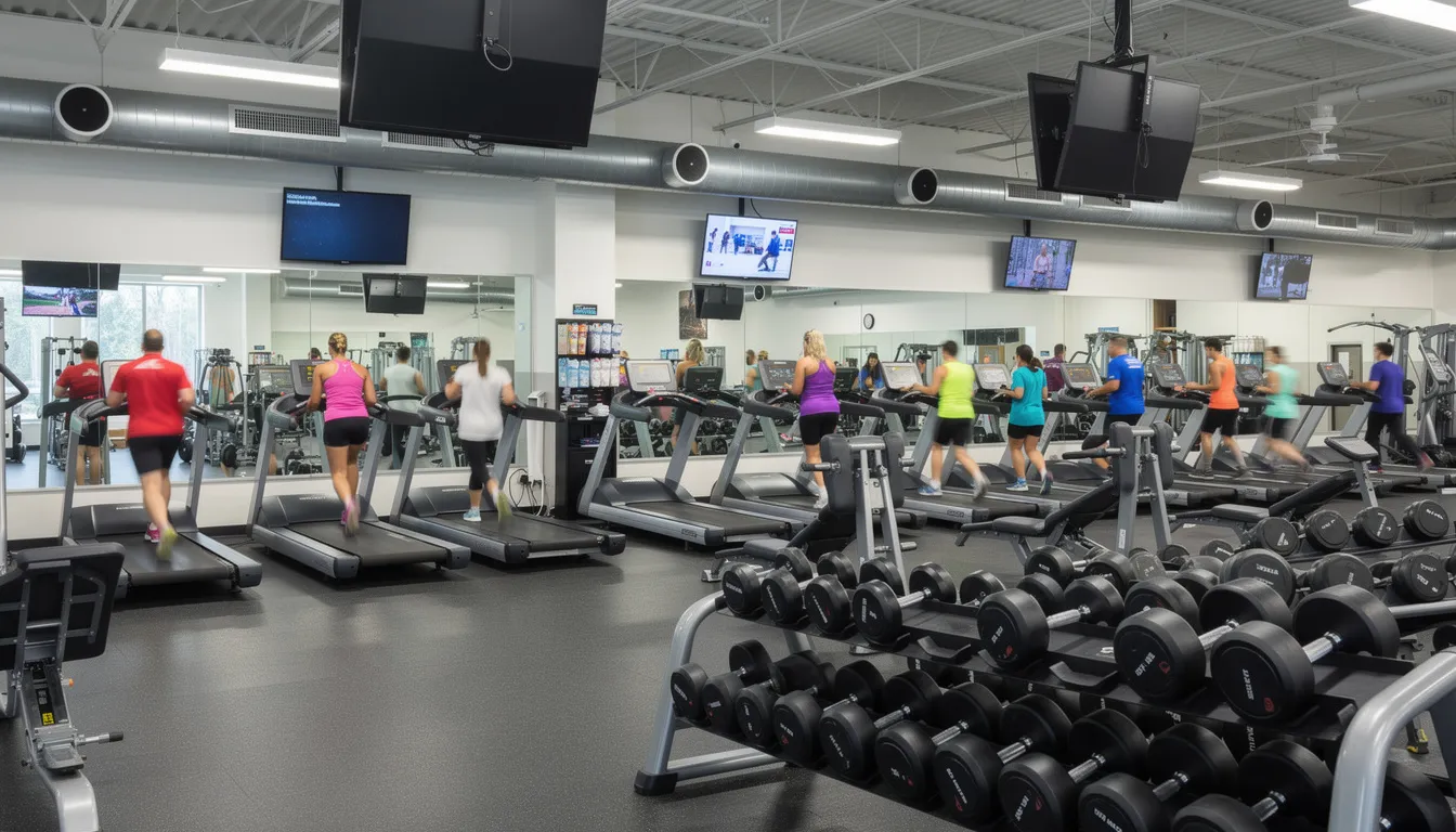 The image shows the interior of a busy gym filled with people exercising, with overhead speakers visible, likely playing background music to enhance the atmosphere. This setting emphasizes the importance of great music for business, creating a motivating environment for customers.