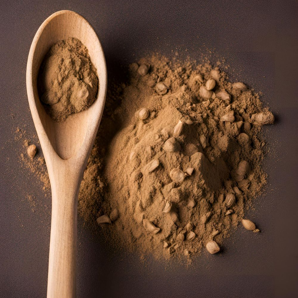 A close-up of a spoon with a powdery substance, representing the Chicory Root Inulin in Emma supplement.