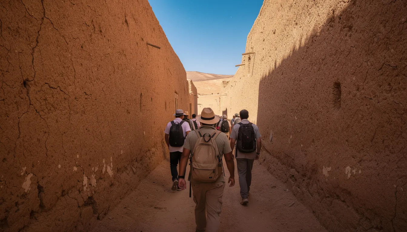 Travelers stroll through a narrow alleyway flanked by tall mud-brick walls, with a clear blue sky overhead, in the ancient fortified village of Aït Benhaddou, a UNESCO World Heritage site known for its rich history and traditional Berber architecture. This picturesque scene captures the essence of southern Morocco's architectural heritage and its connection to the Sahara Desert.