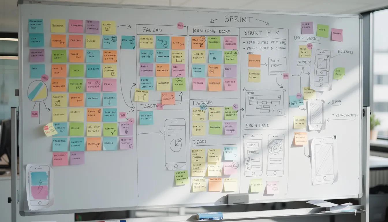 The image shows a whiteboard filled with colorful sticky notes and various development planning diagrams, illustrating the collaborative process of a fintech app development company. This visual represents the brainstorming and organization involved in creating innovative fintech solutions and mobile banking apps.