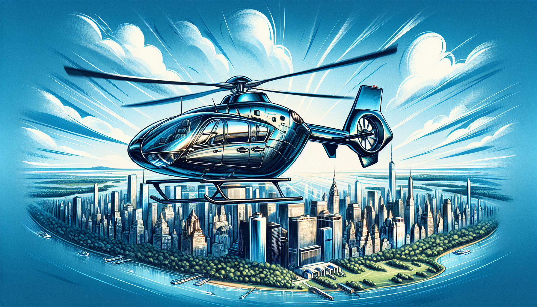 Whimsical illustration of Blade helicopter providing air travel to the Hamptons