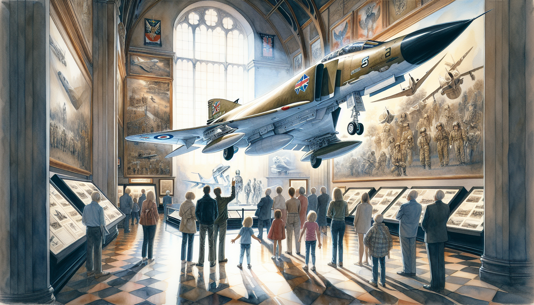 A watercolor painting of the F-4 Phantom II on display at a museum.