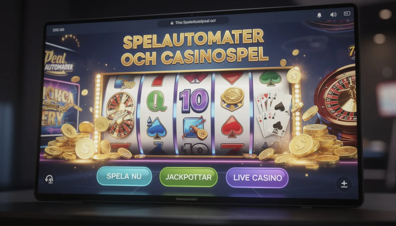 En digital skärm visar en mängd olika spelautomater och casinospel, vilket ger en inblick i den färgglada världen av online casinon. Spelare kan göra snabba insättningar och uttag med betalningsmetoden Brite, vilket gör det enkelt att delta i spelupplevelsen hos svenska casinon.