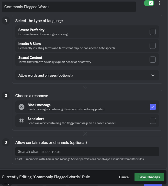 Picture showing the commonly flagged words setup on Discord