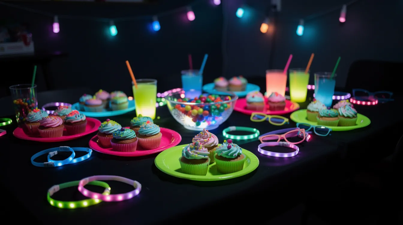 A vibrant dark neon party scene features a colorful table adorned with glowing accessories, bright plates filled with treats like cotton candy, monster cookies, and rice krispies, all illuminated by black lights. Glowing drinks and a punch bowl add to the festive atmosphere, perfect for a birthday celebration or a fun evening gathering.