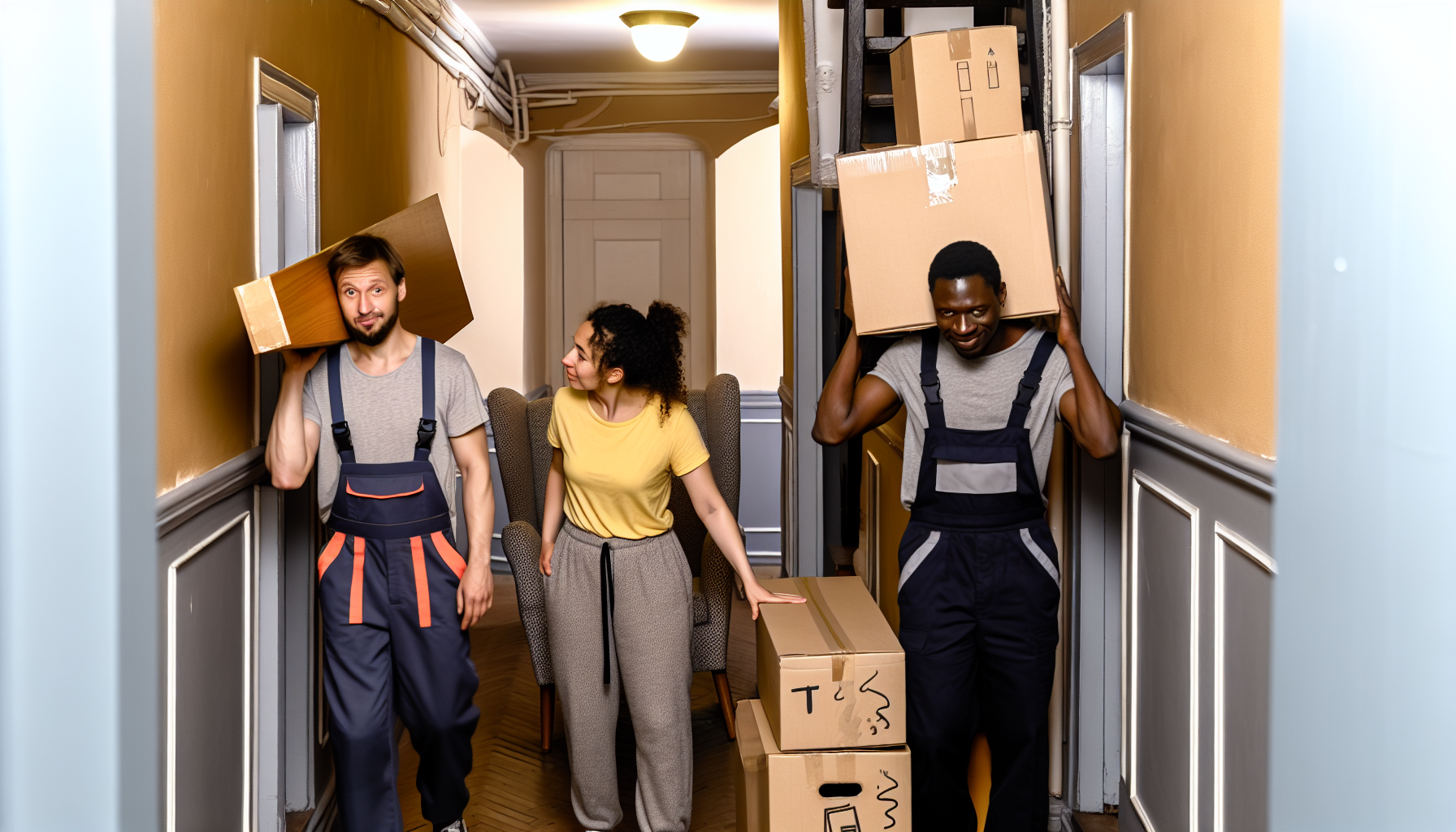Movers navigating tight spaces in an apartment building