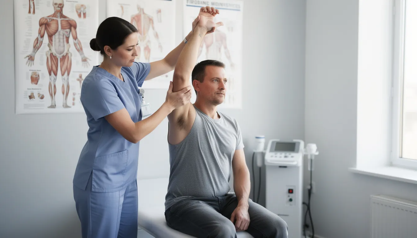 A physical therapist is assessing a patient's shoulder movement in a clinical setting, focusing on identifying any movement dysfunctions and functional limitations. This evaluation is part of the physical therapy diagnosis process to develop effective treatment plans aimed at restoring function and managing pain.