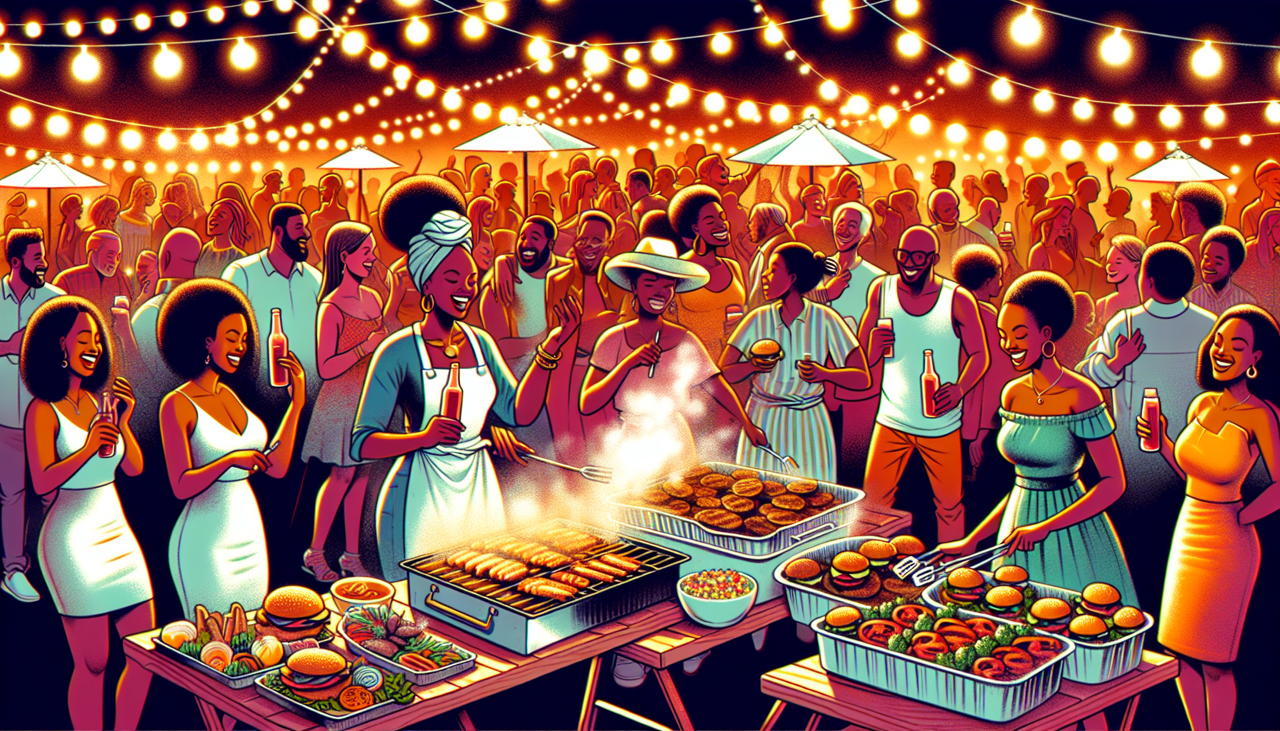 Vibrant illustration of a well-planned outdoor BBQ event with guests enjoying the atmosphere