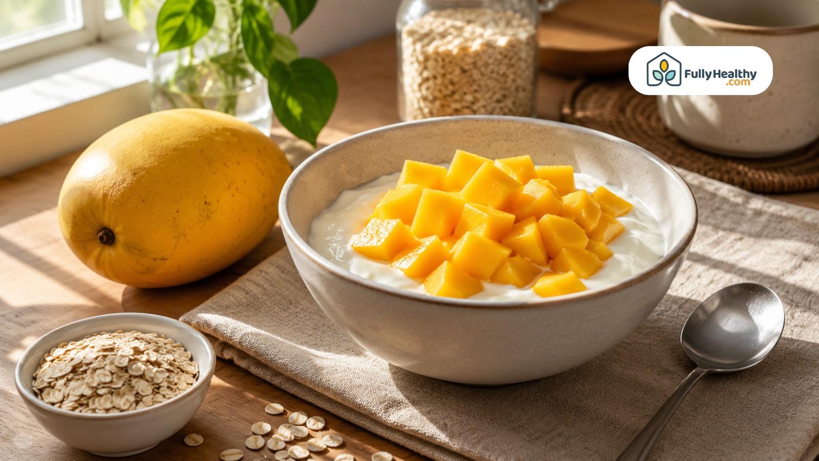 Yogurt bowl topped with mango cubes beside oats and whole mango