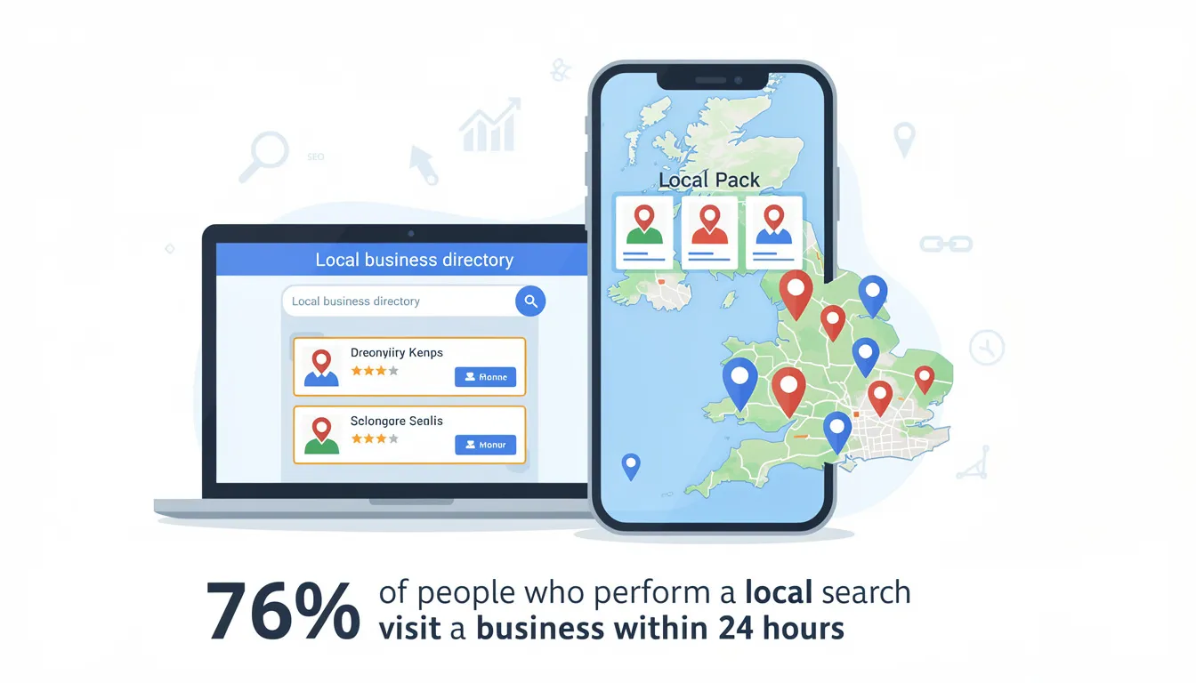 An image depicting a local business directory showcases various UK businesses listed with their contact details, services, and reviews, emphasizing the importance of online visibility for attracting potential customers. The user-friendly interface highlights the benefits of local SEO strategies, allowing small businesses to enhance their presence in search engine results pages and stand out in their local area.