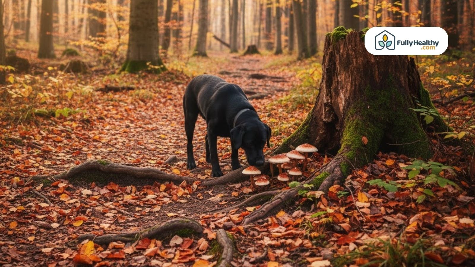 Black dog sniffing mushrooms near tree stump in autumn forest