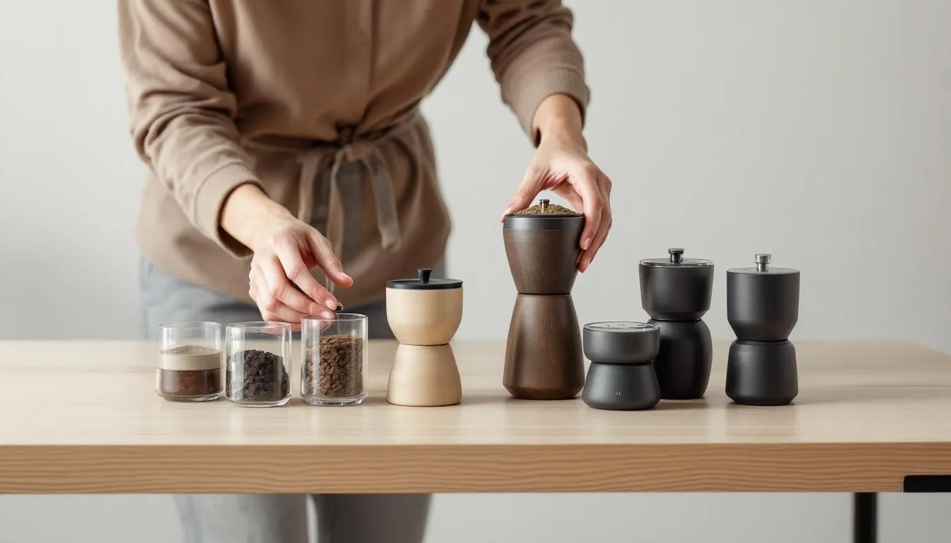 A person comparing different sizes of grinders on a table.