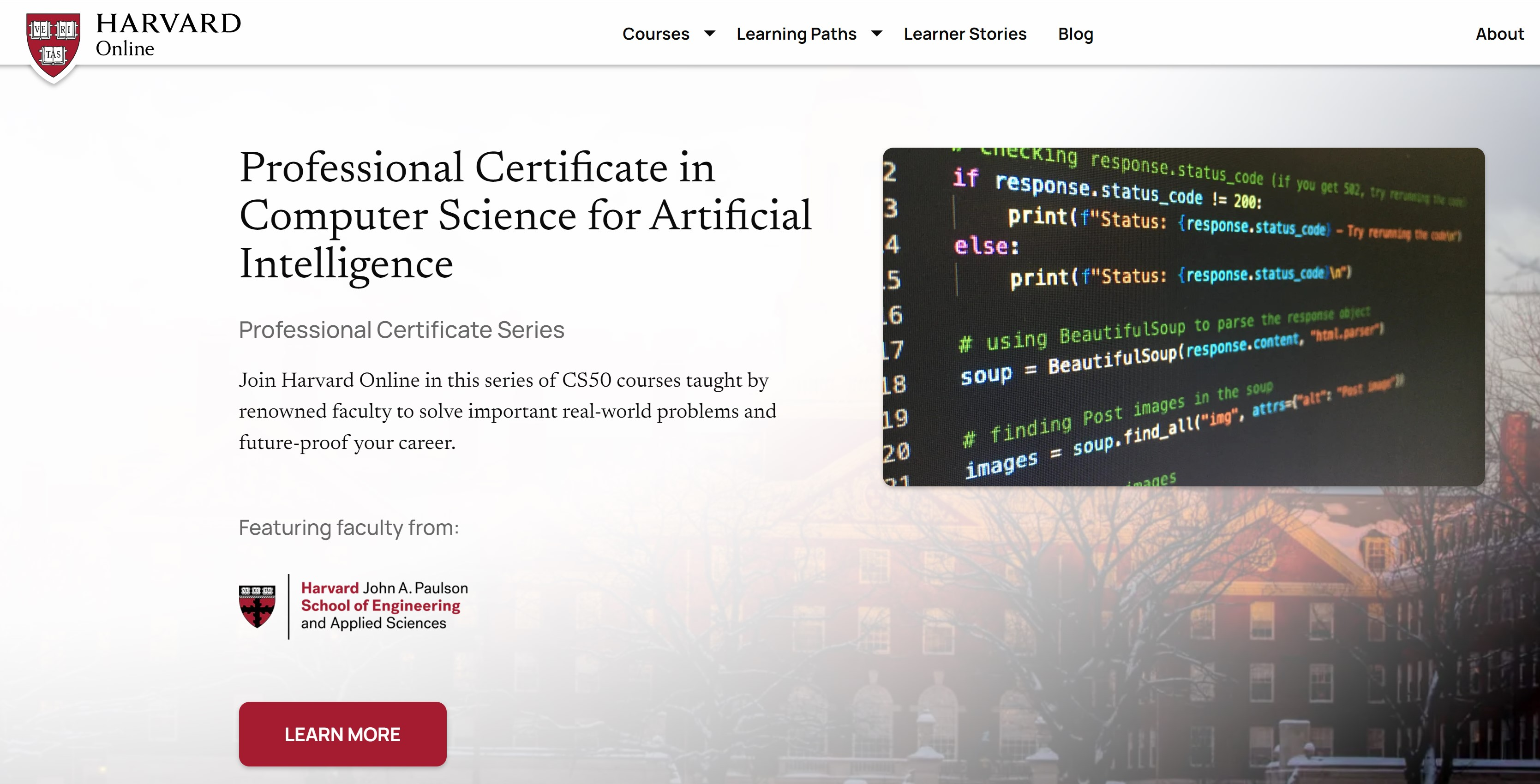hardvard online artificial intelligence certification - homepage screenshot