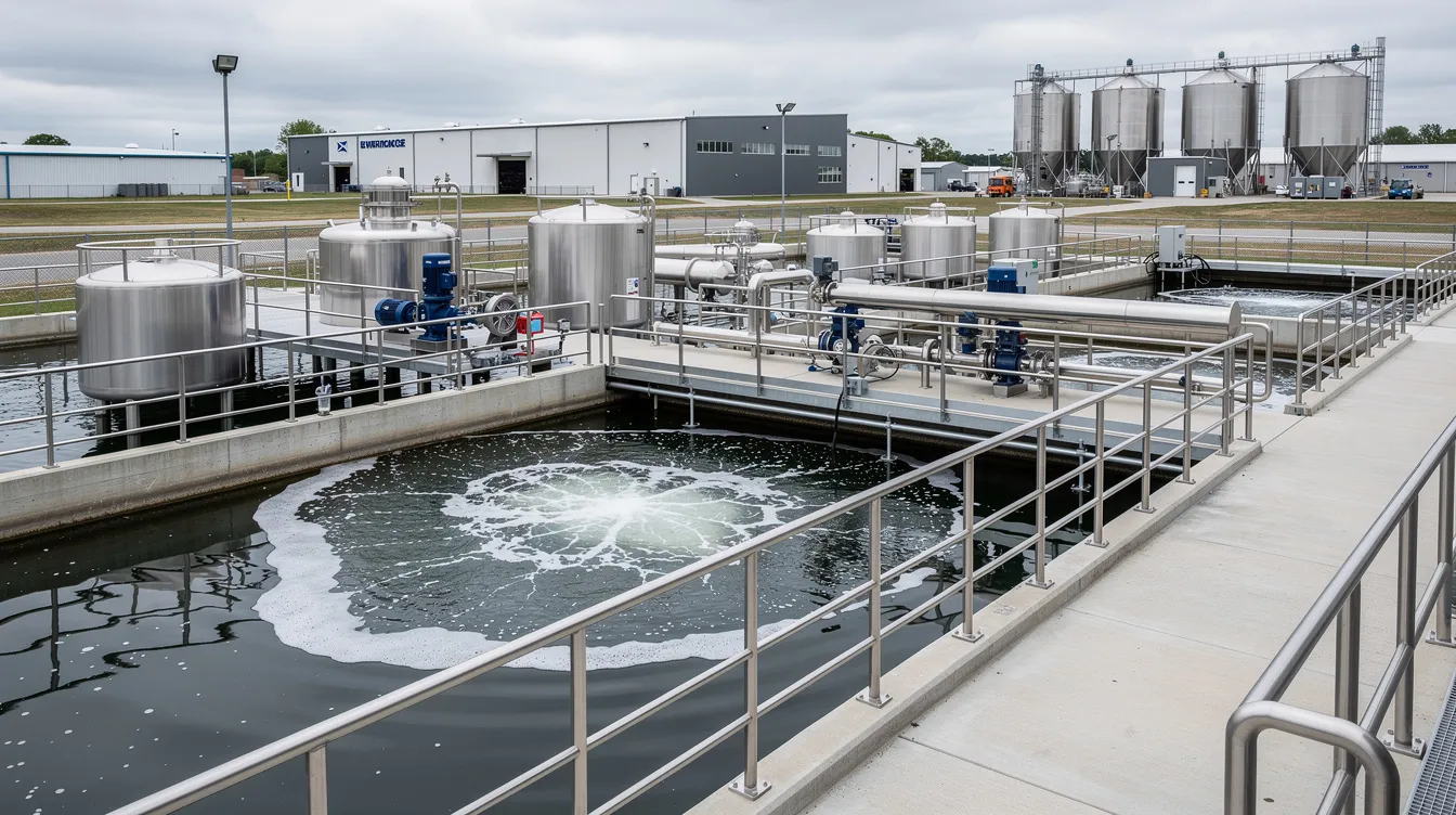 The image depicts a brewery wastewater treatment system, showcasing various components designed for the effective management of high strength wastewater. This system utilizes biological treatment methods to remove organic material and suspended solids, ensuring compliance with regulatory standards in the food and beverage industry.