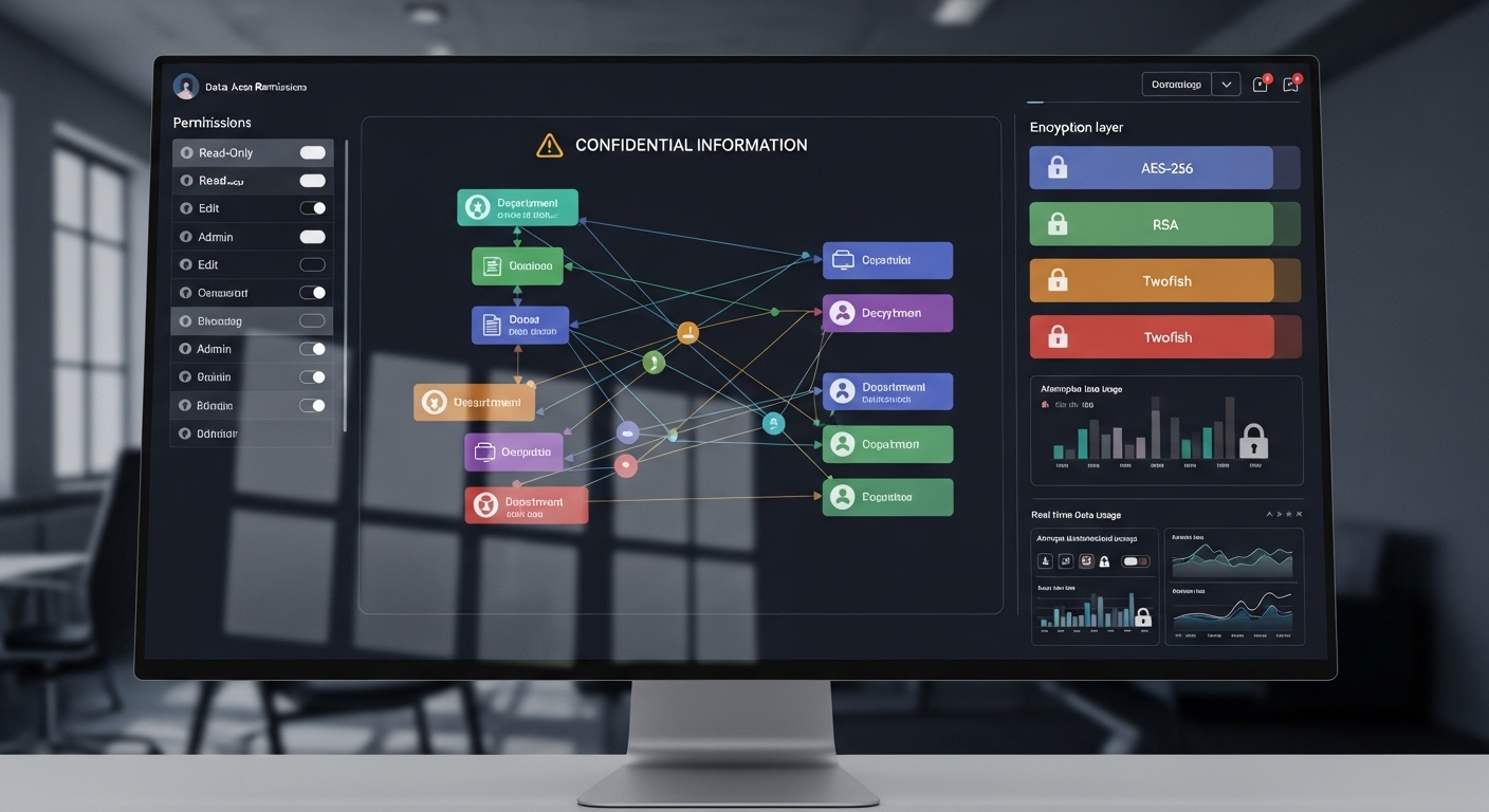 Dashboard showing data access permissions and encryption layers protecting confidential company information.