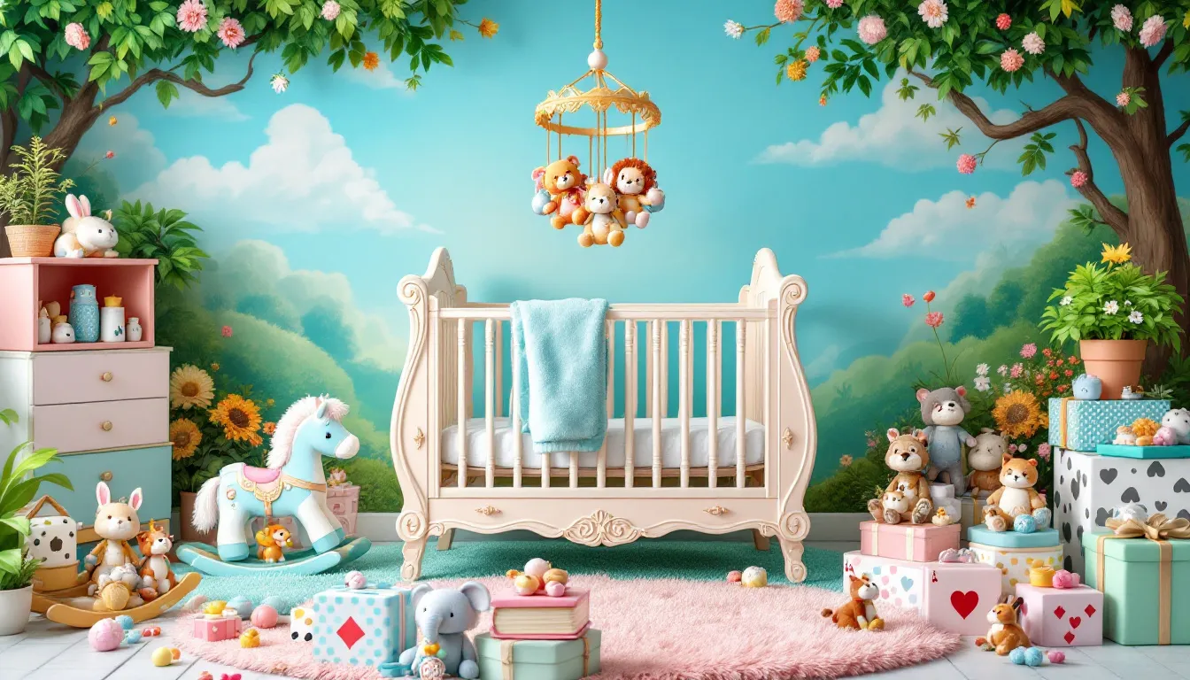 A variety of animal-themed baby shower gifts and decorations.