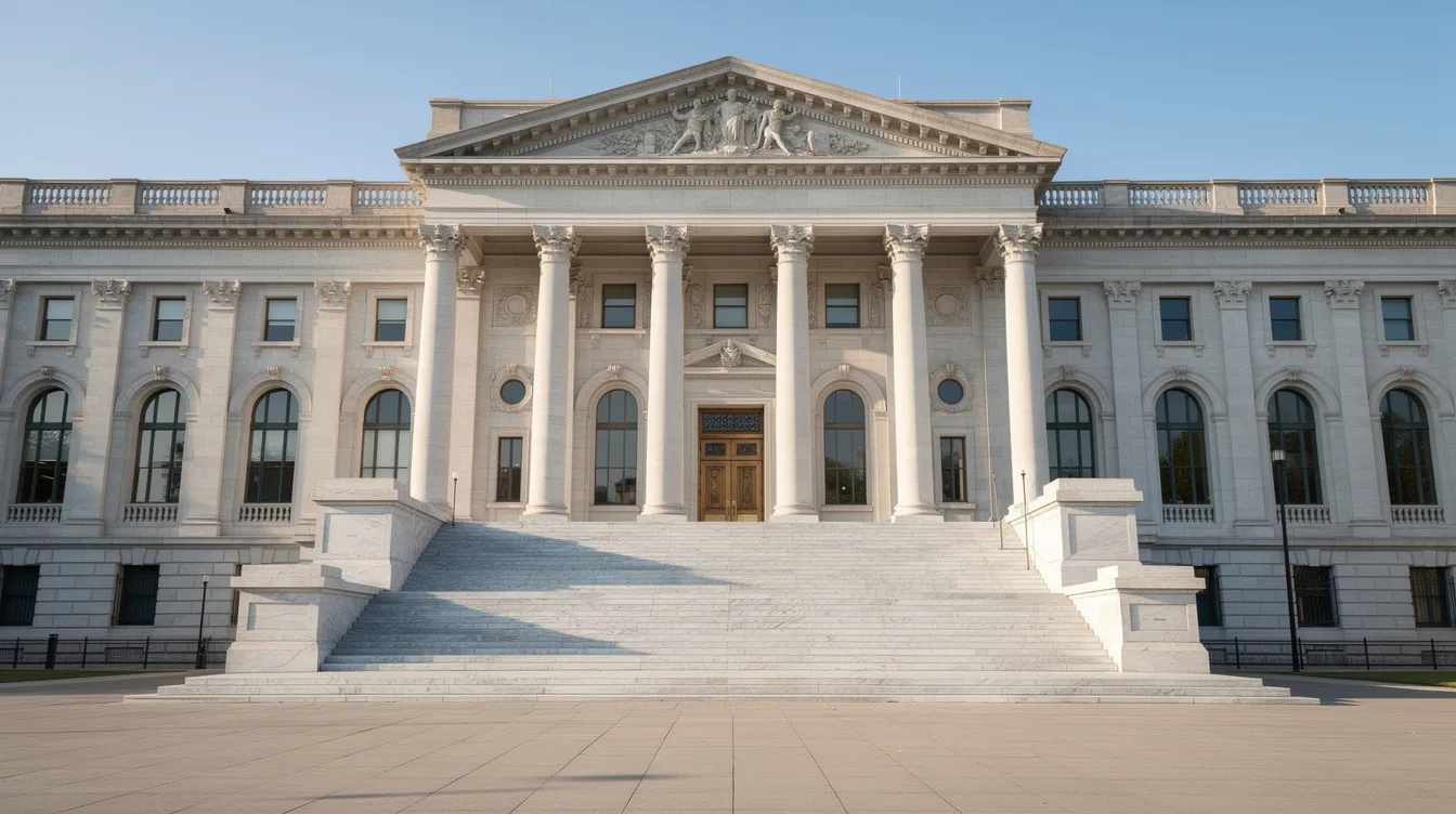 The image depicts a grand government building with towering columns and a wide staircase, set against a clear blue sky. This majestic structure symbolizes authority and governance, often associated with discussions around laws related to hemp products and cannabis regulations.