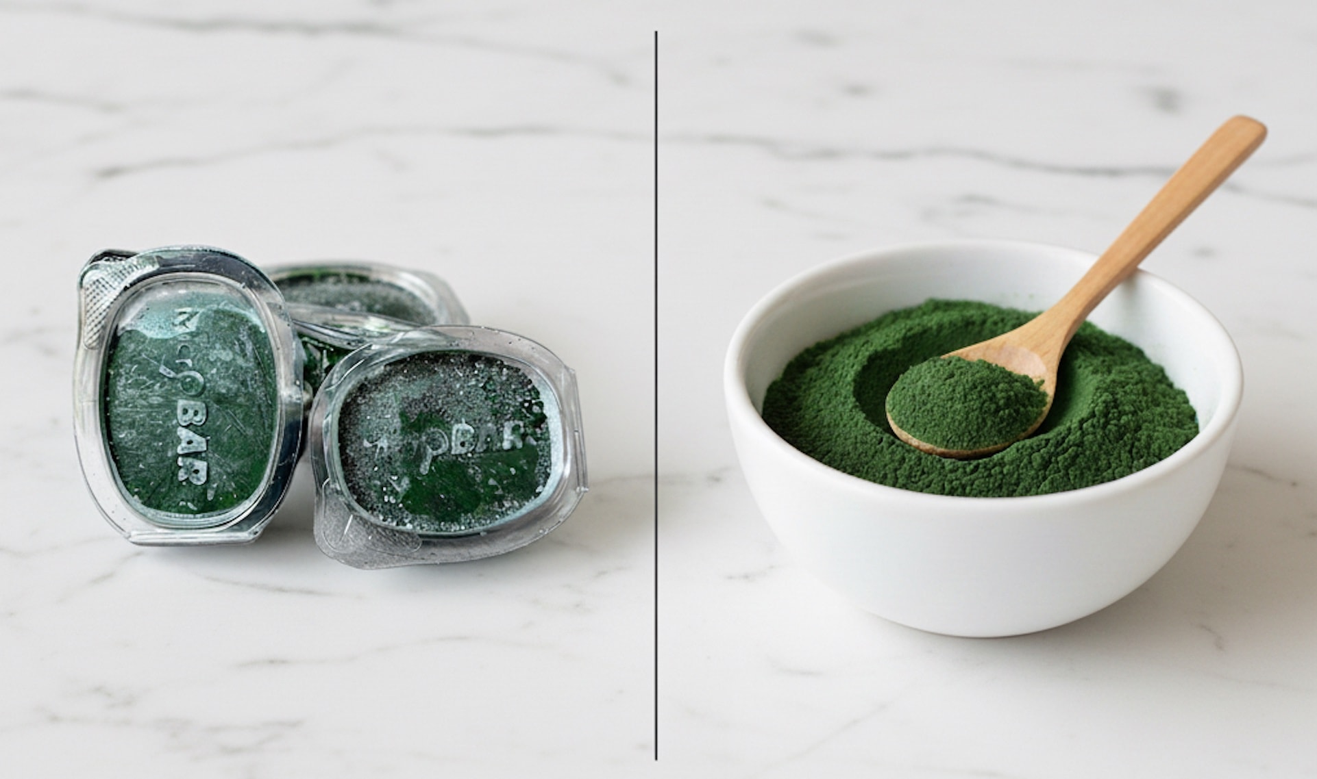The image shows a side-by-side comparison of fresh frozen pods and dried powder