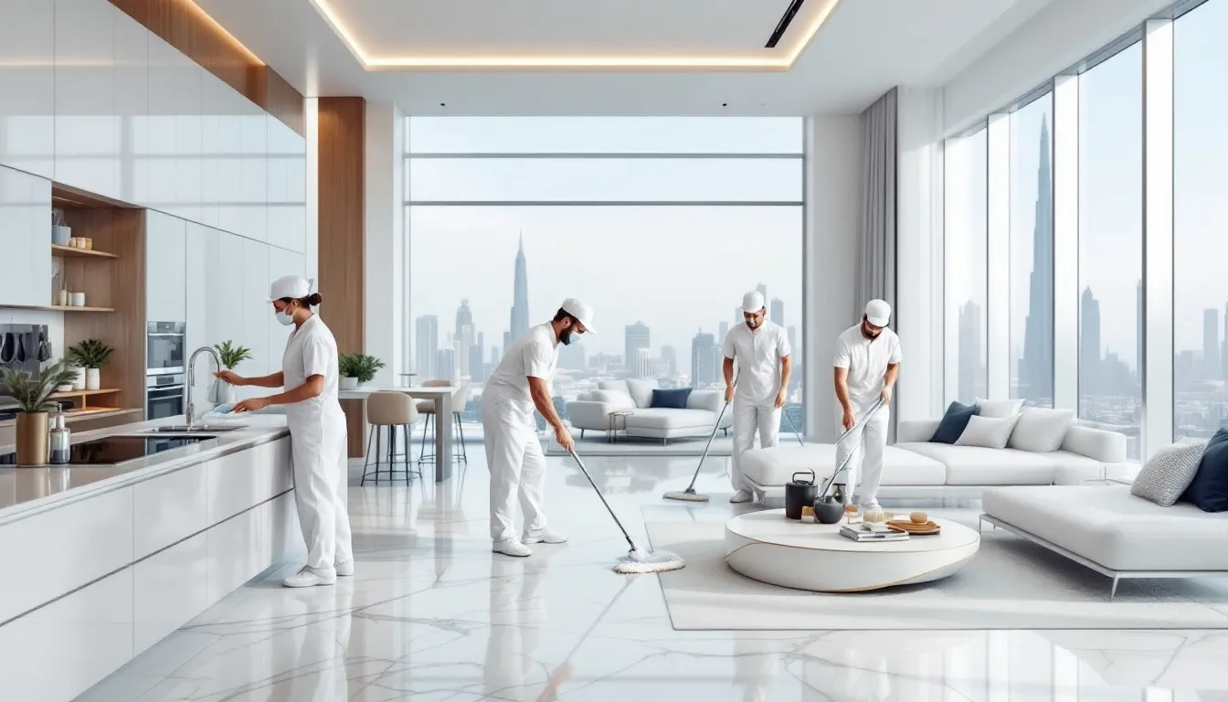 A professional cleaning team performing deep cleaning services in a Dubai home.
