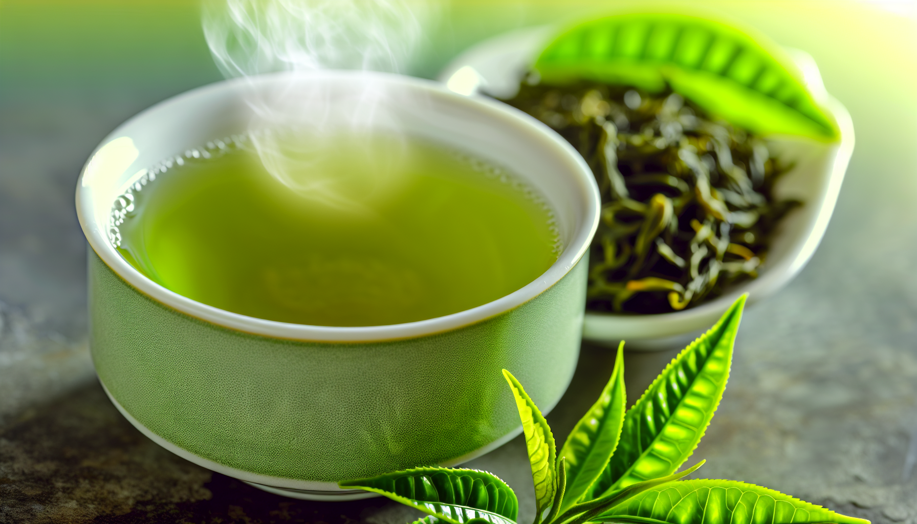 Taza de té verde con hojas frescas