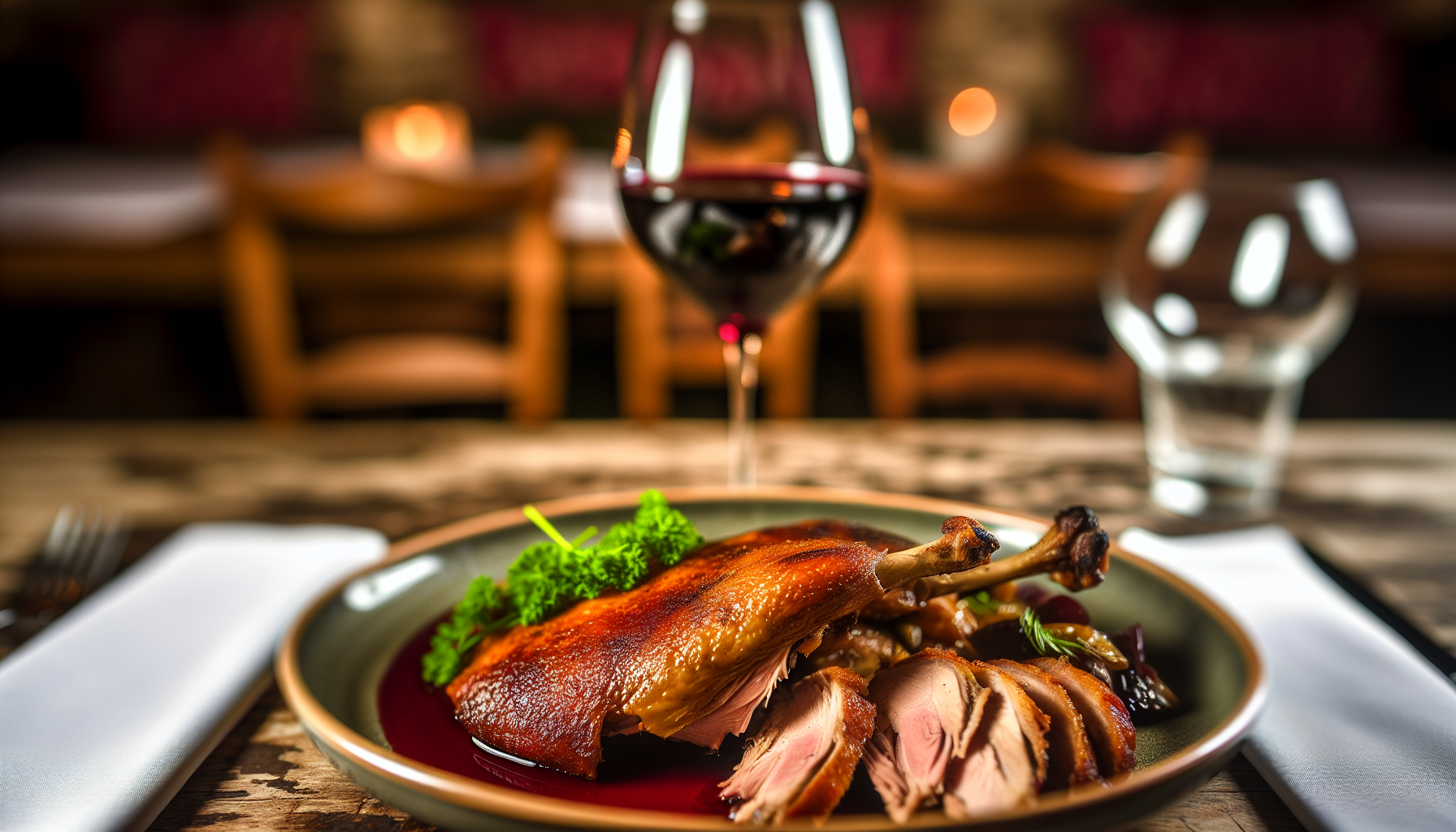 A serving of roast duck with a glass of Burgundy Pinot Noir