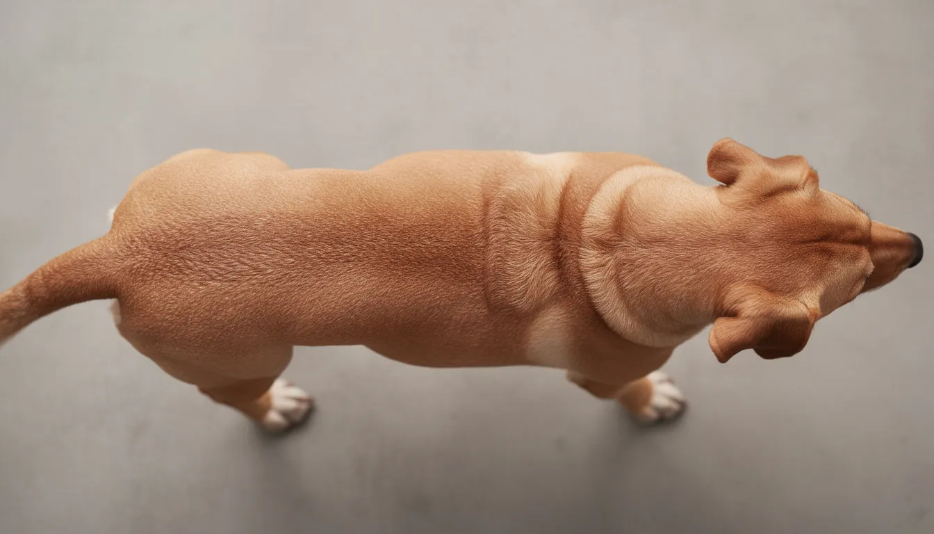 The image shows a healthy dog viewed from above, showcasing a gentle hourglass waist shape with visible pelvic bones and a defined waist, indicating an ideal body condition score. This visual assessment highlights the dog's healthy weight, minimal fat layer, and good muscle mass, suggesting an appropriate body condition for pet owners to consider in their weight management plan.