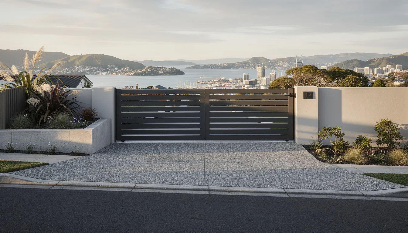 The image depicts a residential gate installation on a sloping driveway in Wellington, showcasing a blend of wooden and metal gates that enhance the property's curb appeal. In the background, city views can be seen, emphasizing the outdoor living space and the architectural style of the home.