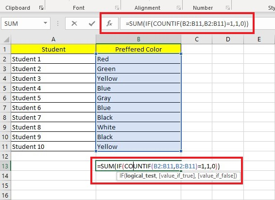 Count Unique Values Combining IF, Sum, and COUNTIF functions.