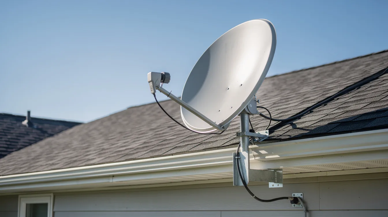 The image shows a satellite dish securely mounted on the roof of a suburban house against a clear blue sky, symbolizing professional DSTV installation services. This setup is essential for optimal signal reception, often provided by skilled DSTV technicians in Edgemead.