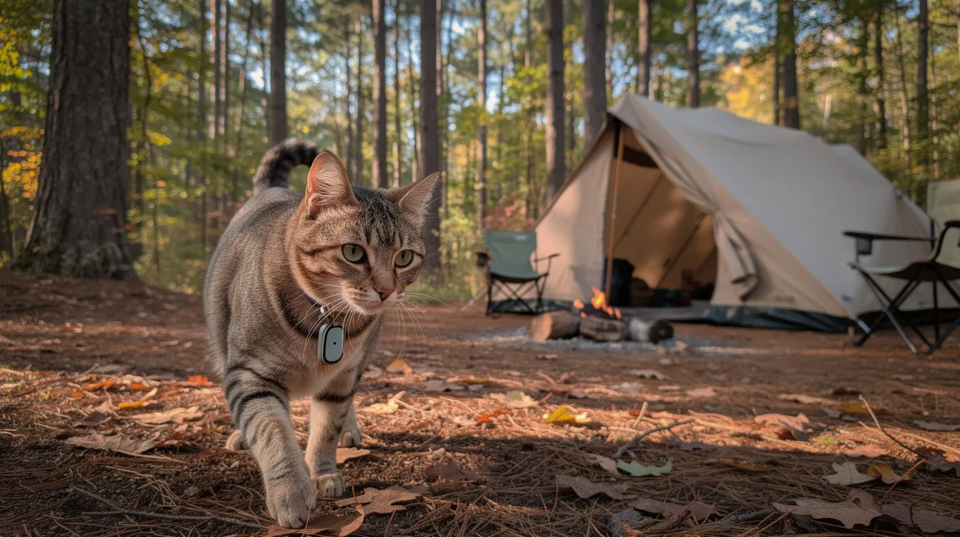 A tabby cat wearing a slim GPS collar is exploring near a tent at a wooded campsite, showcasing the benefits of a reliable GPS tracker for pet owners during outdoor adventures. The collar provides real-time tracking, ensuring peace of mind about the pet's whereabouts.