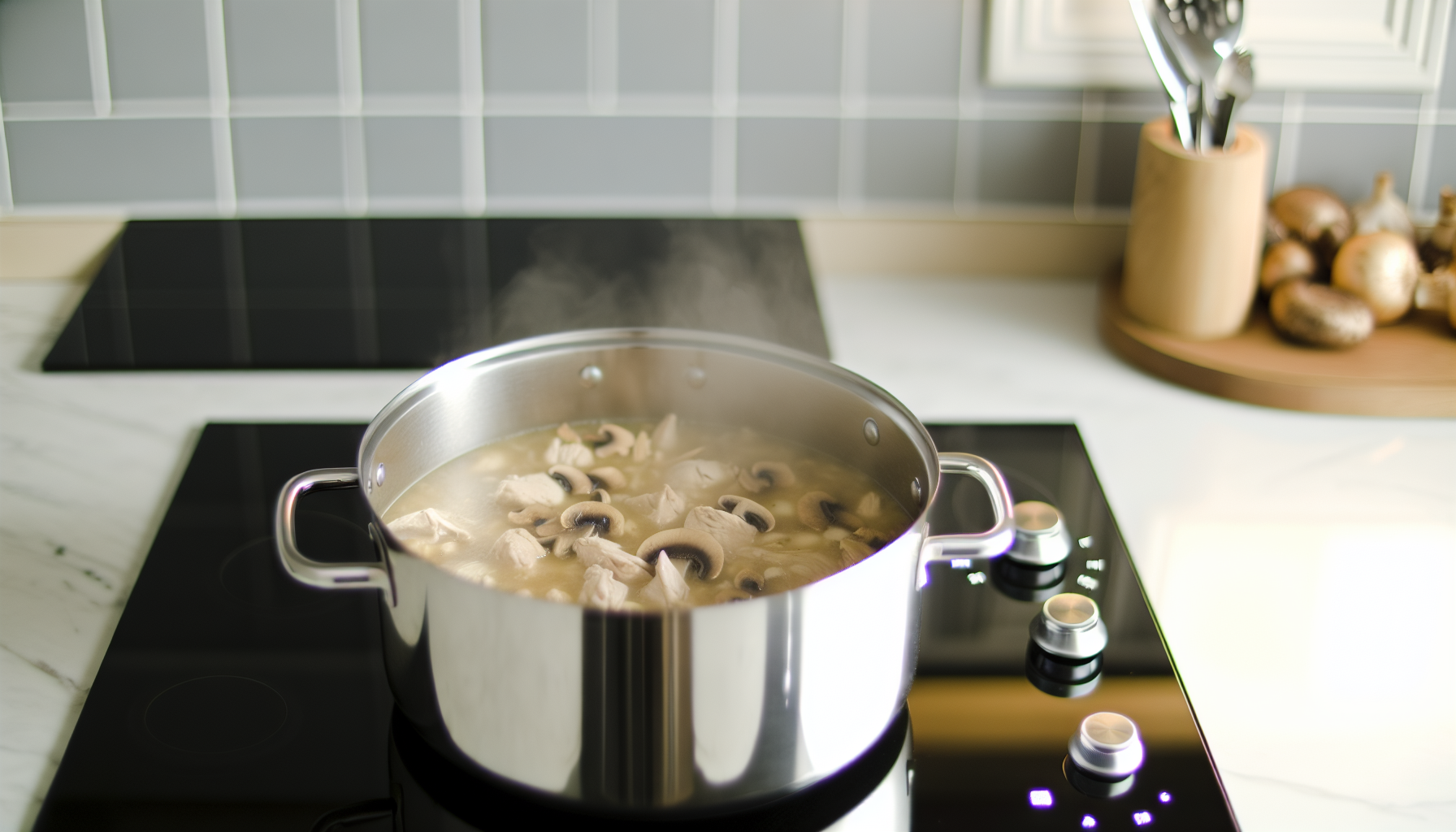 A large soup pot simmering with chicken mushroom soup