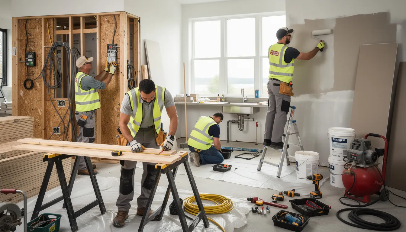 A group of tradespeople are actively engaged in a home renovation project, using various tools and building materials to transform the living space. The scene highlights the renovation process, showcasing custom cabinetry and modern lighting as they work on a kitchen and bathroom renovation, emphasizing the importance of project management and budget considerations.