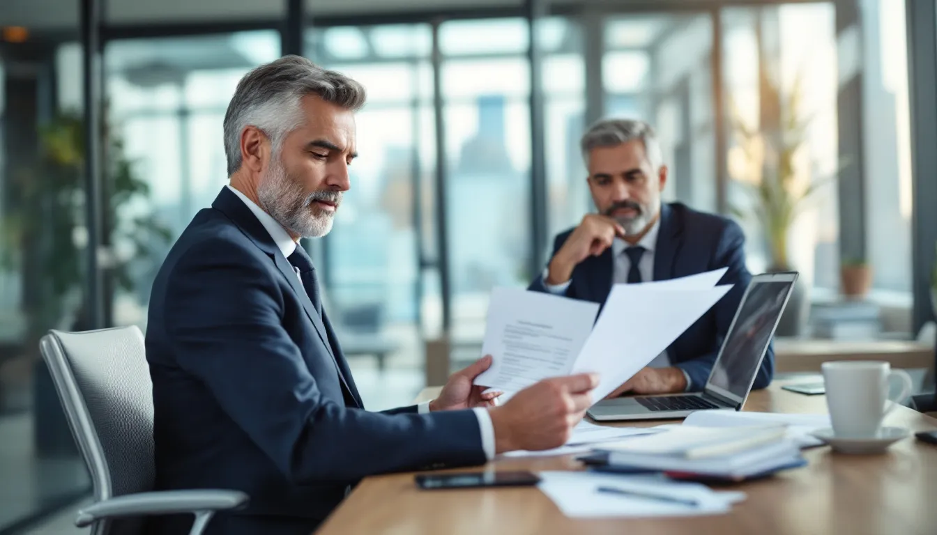 A business owner is reviewing financial documents and insurance policies at their desk in an orderly manner, focusing on key person insurance to protect their company and manage risks effectively. This process is crucial for strategizing on revenue and ensuring the financial stability of their business operations.