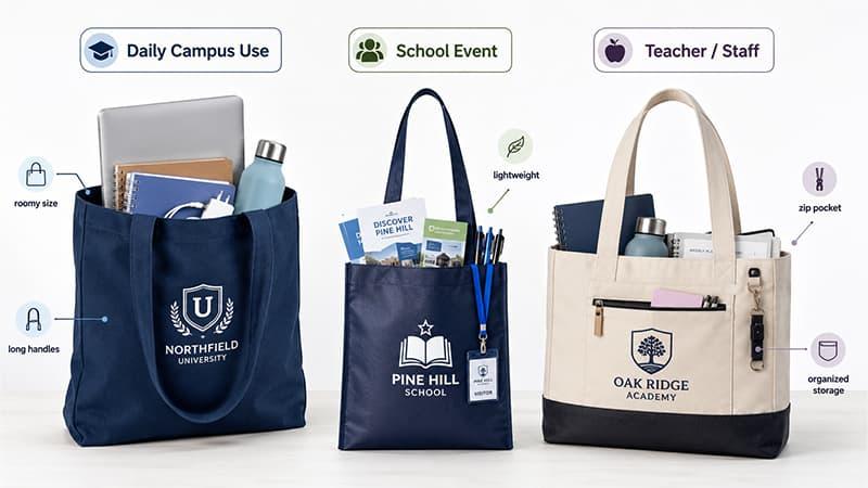Three school tote bag styles showing daily campus use, school event giveaways, and teacher staff organization.