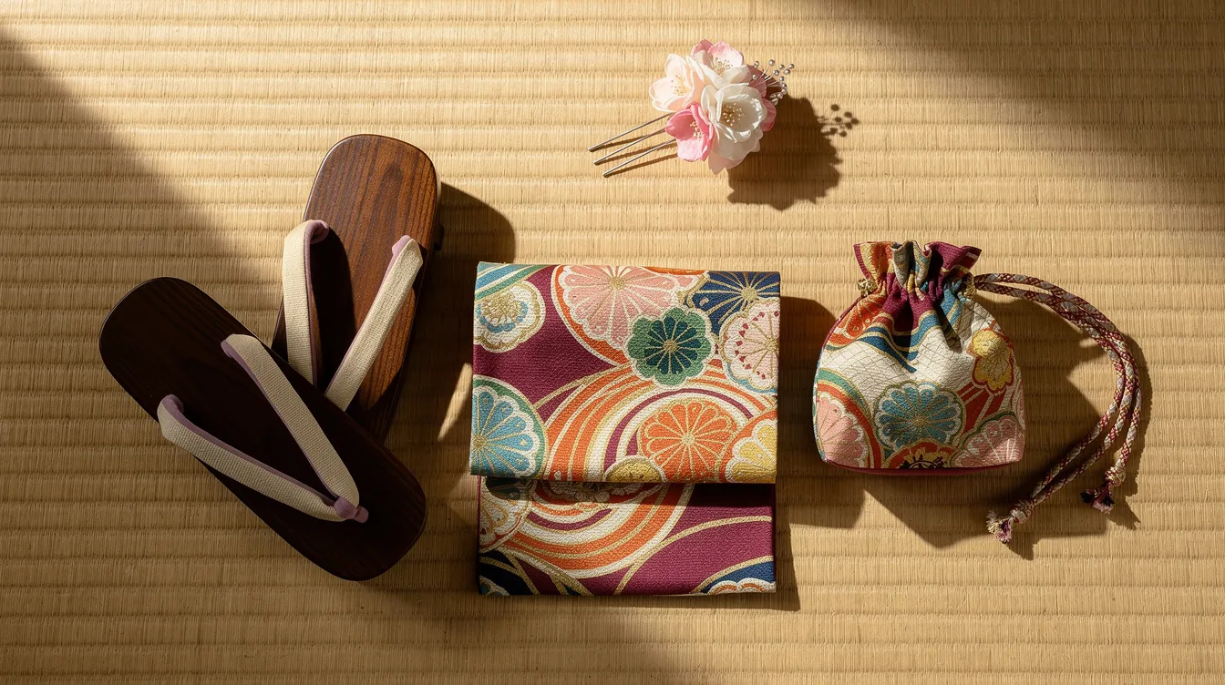 A flat lay arrangement showcases coordinated yukata accessories on a tatami mat, featuring traditional Japanese footwear, wooden geta sandals, a colorful obi, a small drawstring bag, and a silk floral hairpin, highlighting elements of Japanese culture and formal attire. The image reflects the elegance of wearing kimono, perfect for summer months and special occasions.