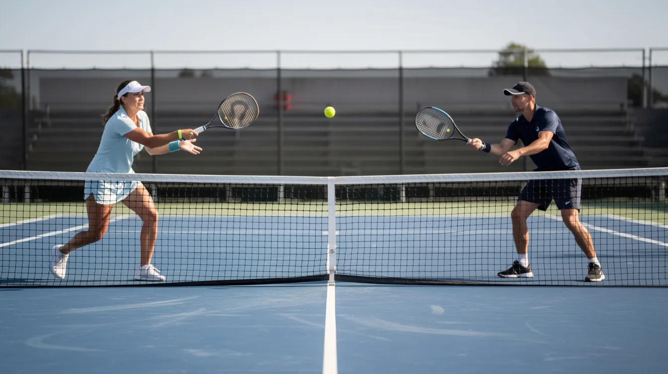 Two tennis players are engaging in short-court rallies near the net on a hard court, practicing their drop shots and volleys. They demonstrate focused technique as they hit soft shots, positioning themselves to control the ball's bounce and surprise their opponent.