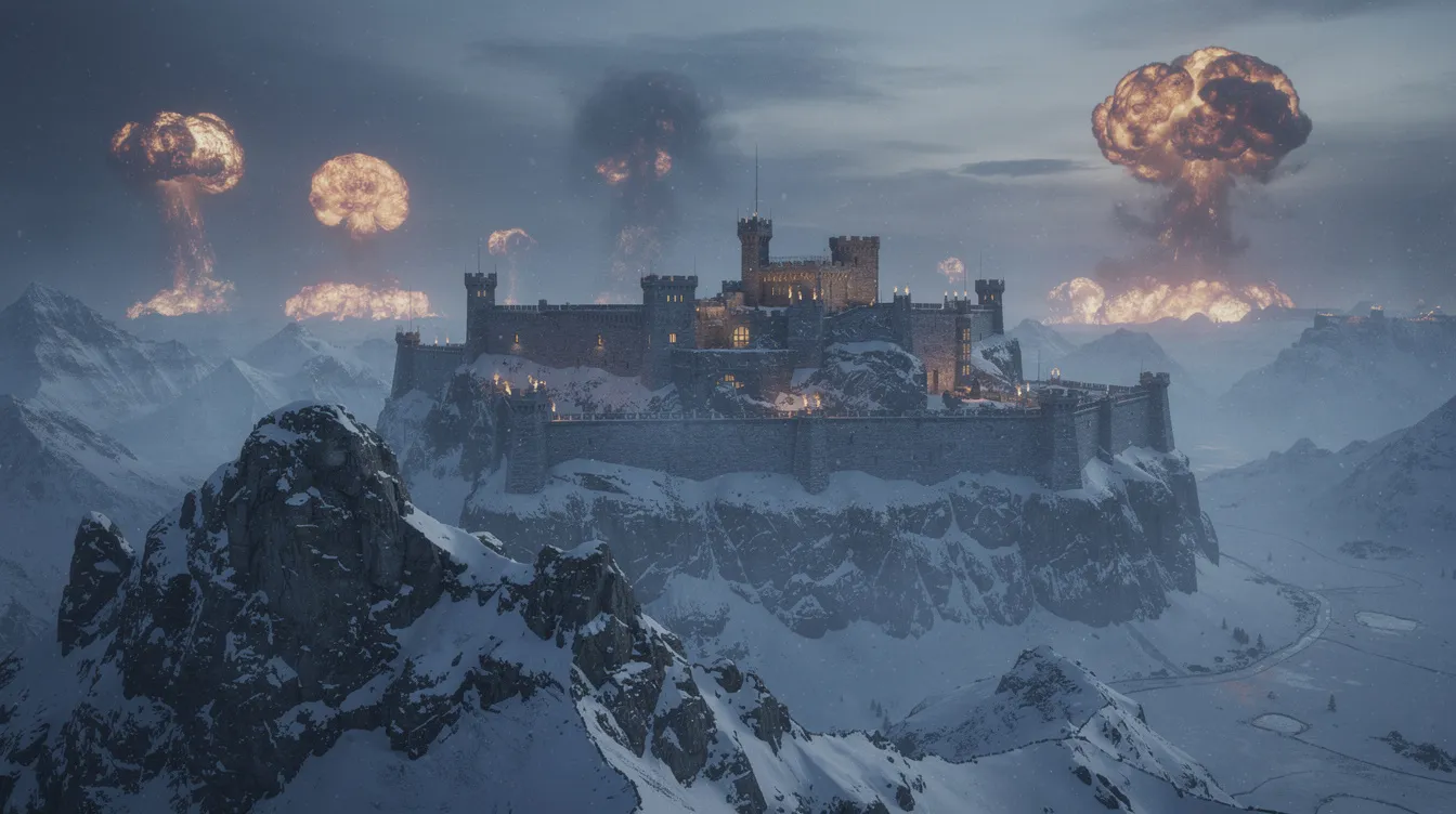 Die verschneite Berglandschaft zeigt eine beeindruckende Festungsanlage im Hintergrund, während am Horizont Explosionswolken aufsteigen, was eine dramatische und actionreiche Atmosphäre schafft, die an die Konzepte von Christopher Nolans Filmen erinnert. Diese Szene könnte Teil einer spannenden Geschichte sein, die mit Träumen und der Kontrolle über das Unterbewusstsein spielt.