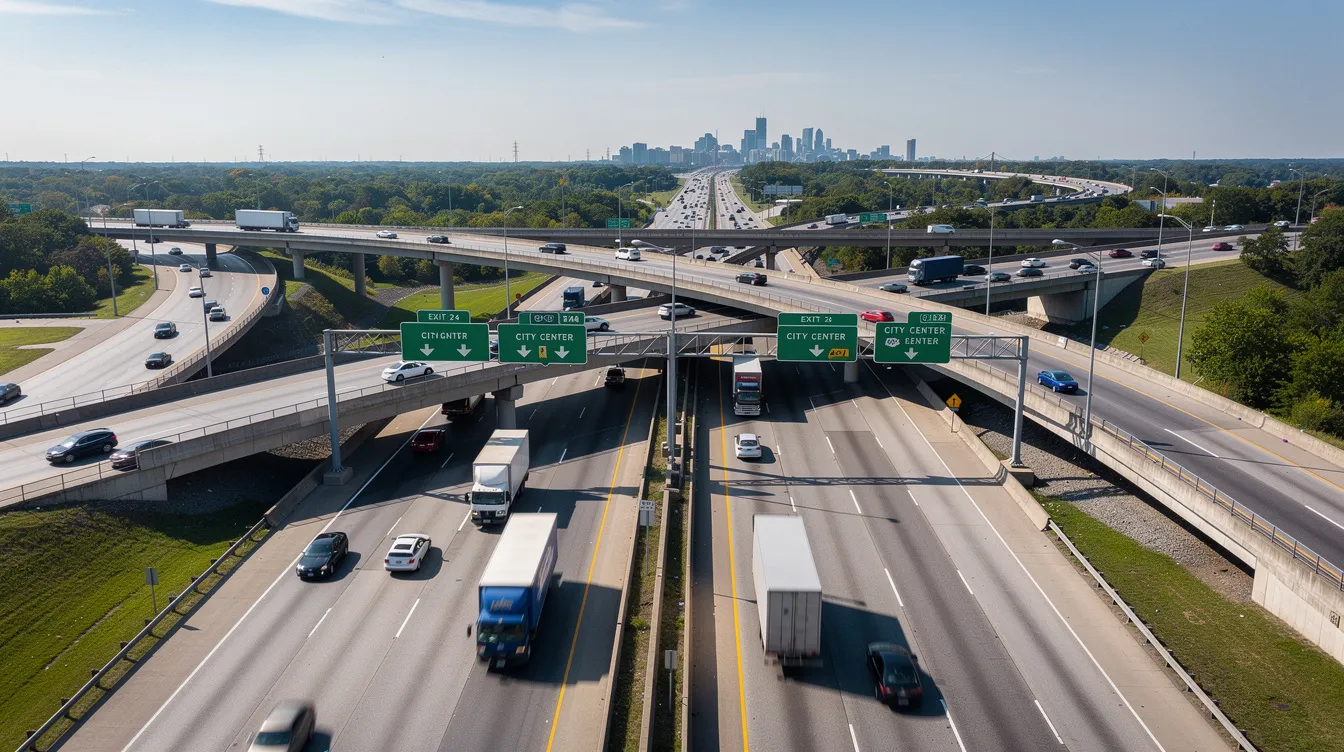The image depicts a busy highway interchange in New Jersey, featuring multiple lanes and clear road signs under bright blue skies. This scene highlights the complex network of routes that facilitate auto transport and vehicle shipping services throughout the region.