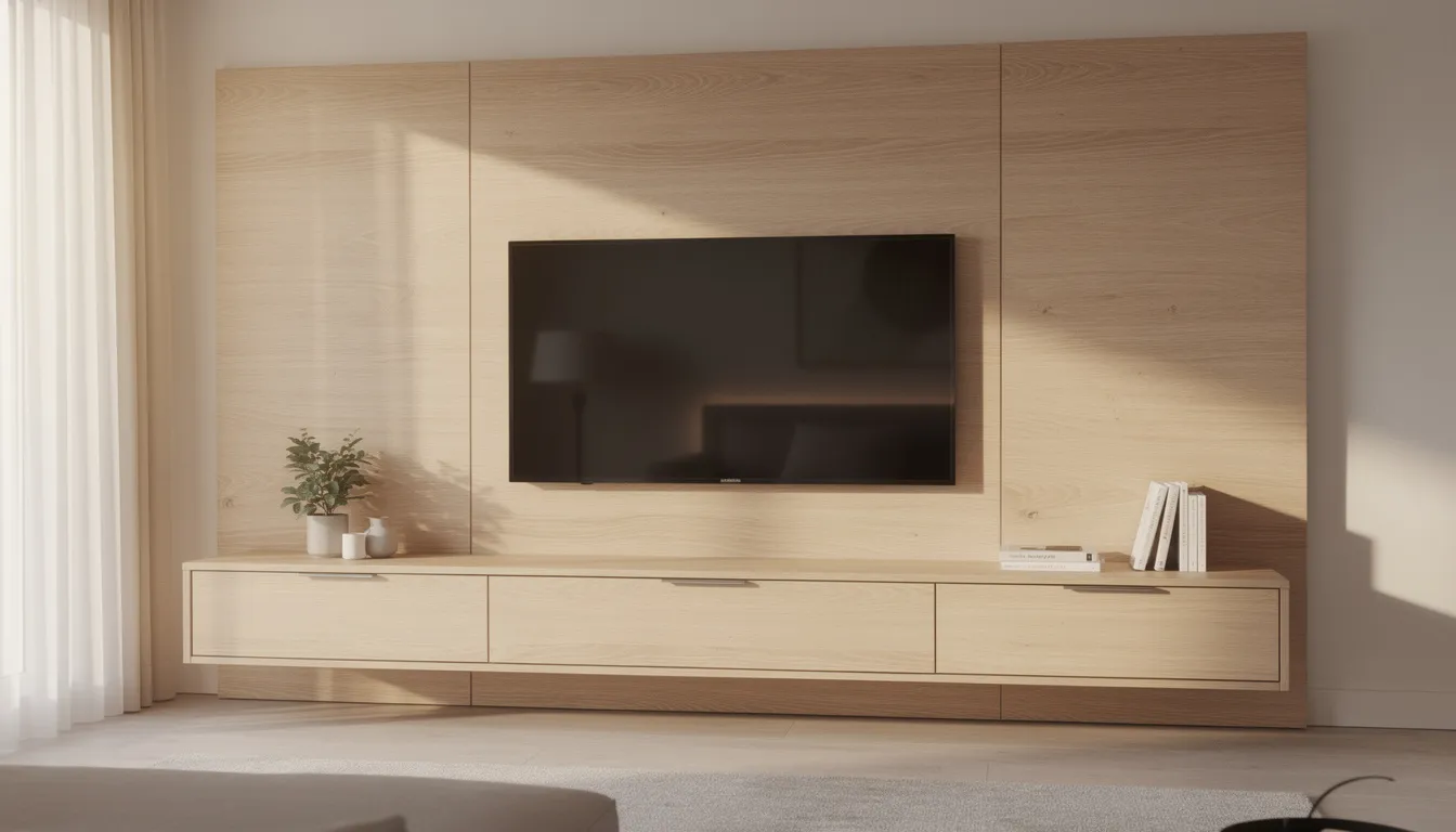 Een goed onderhouden houten tv meubel in licht eiken, dat een moderne uitstraling heeft, staat in een woonkamer. De warme middagzon valt over het oppervlak en benadrukt de robuuste en natuurlijke uitstraling van dit stijlvolle tv meubel.