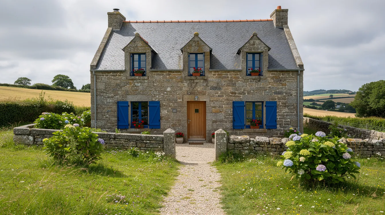 Une maison de vacances en pierre, ornée de volets bleus, se dresse dans la campagne bretonne, entourée de verdure. Ce cadre paisible évoque un lieu de détente, idéal pour des séjours en harmonie avec la nature.