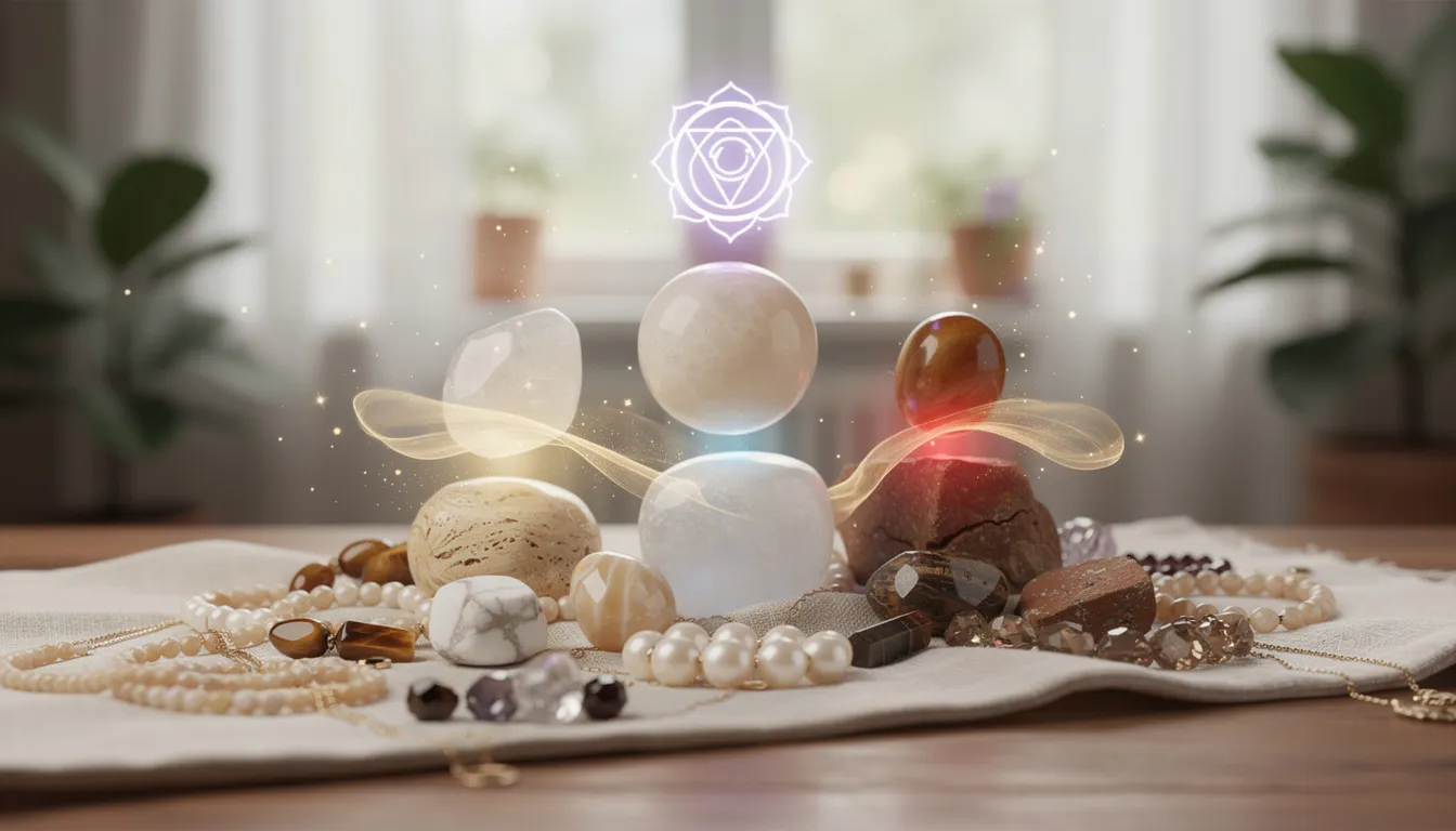 The image showcases a collection of cream colored gemstones, including cream moonstone and beige crystals, arranged beautifully among earthy brown stones like petrified wood and brown jasper. This harmonious display highlights their soothing energy and healing properties, emphasizing emotional balance and a deep connection to the earth.